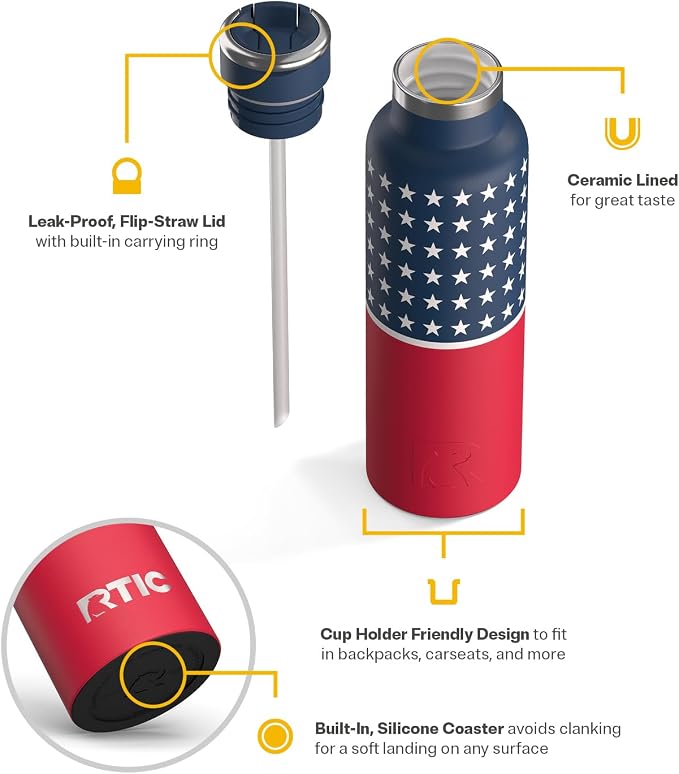 RTIC 20oz Journey Water Bottle Ceramic Lined Metal Stainless Steel Vacuum Insulated, BPA Free, Reusable, for Water, Hot and Cold Drinks, Travel, Sports, Camping, Stars