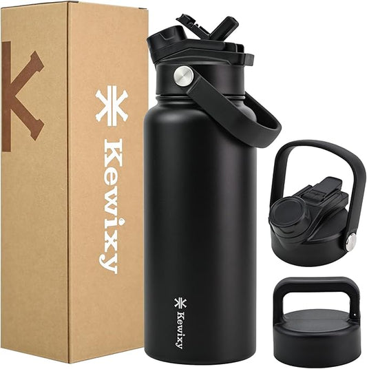 KEWIXY 32 oz Insulated Water Bottle, 2-in-1 Lid, Straw & Spout with Protected, Leak Proof, Keep Cold, Stainless Steel, Metal, Reusable, Handle, for Outdoor, Gym and School, 2 Lids, Midnight Black
