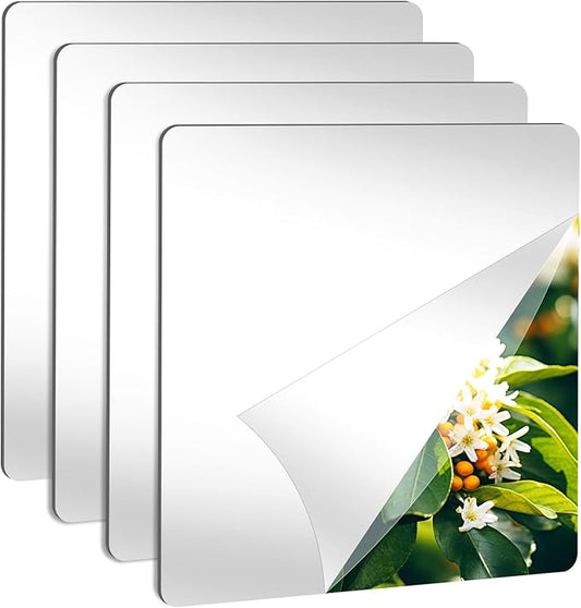 4 Packs Peel and Stick Mirrors for Wall, Self Adhesive Acrylic Mirror Tiles | 8" x 8" 2MM Thick Frameless Plastic Mirror Sheets Wall Stickers for Bedroom Bathroom Gym Door DIY Decor