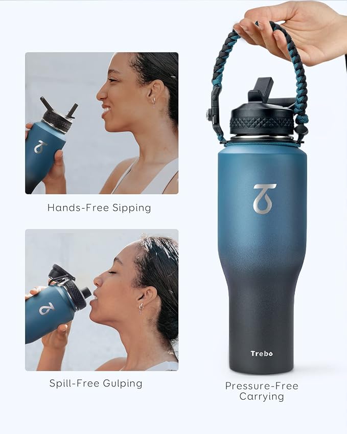 Trebo 40 oz Water Bottle Insulated Fit in Any Car Cup Holder with 2 Lids | Stainless Steel T-shape Tumbler with Paracord Handle, Triple Wall Vacuum Copper Plated, Cold 48 Hrs for Travel, Wide Mouth