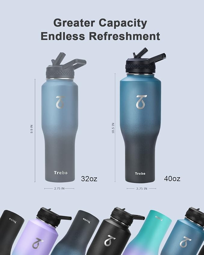 Trebo 40 oz Water Bottle Insulated Fit in Any Car Cup Holder with 2 Lids | Stainless Steel T-shape Tumbler with Paracord Handle, Triple Wall Vacuum Copper Plated, Cold 48 Hrs for Travel, Wide Mouth