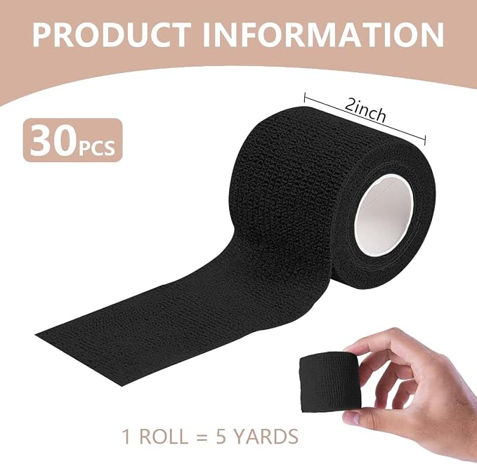 KISEER 30 Pack 2 Inch x 5 Yards Black Self Adhesive Bandage Breathable Cohesive Bandage Wrap Rolls Elastic Self-Adherent Tape for Stretch Athletic, Sports, Wrist, Ankle