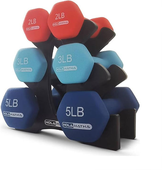 HolaHatha 1, 2 and 3 lb Neoprene Dumbbell Strength Training Weight Set with Rack