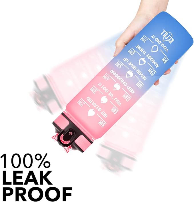 Hyeta Water Bottle with Straw & Time Marker, Plastic 32oz Leakproof | Motivational Tritan BPA Free Gym Office Outdoor Intake Tracker Hourly Reminder Straw Lid Carry Strap