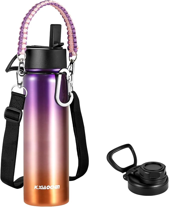 KXIAOCHEN Insulated Water Bottle with Strap, 48-Hour Cold, 2 Lids | Triple-wall insulation, lead-free 18/8 Stainless steel, paracord handle, carabiner clip, for gym, hiking, camping and travel