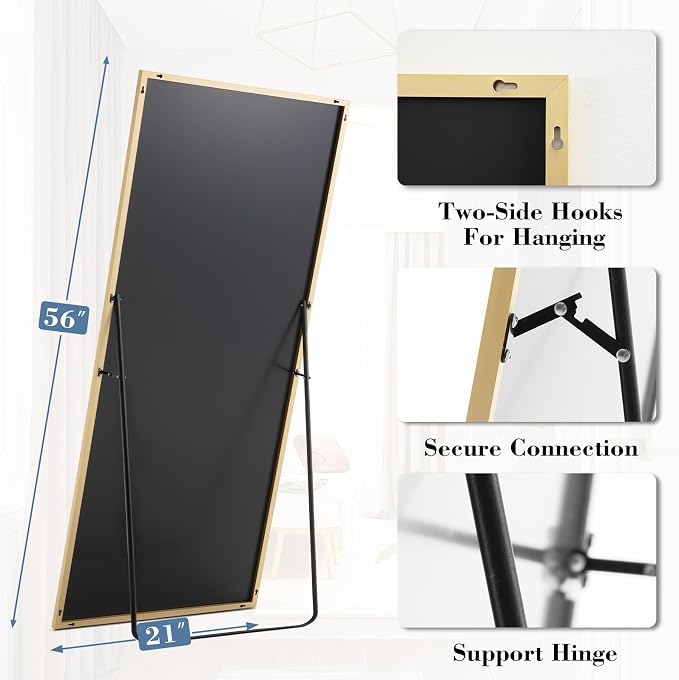 DUMOS 56"x21" Full Length Mirror, Full Body Mirror, Gold | Aluminum Alloy Thin Frame, Leaning or Hanging, Suitable for Bedroom, Livingroom, Cloakroom