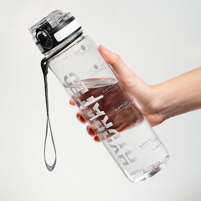 Water Bottle 32 oz Motivational Time Marker Tritan Bottle | BPA-free Tritan water bottle with time marker leakproof Lightweight portable Easy Clean Brush for Gym, Travel, School, Office
