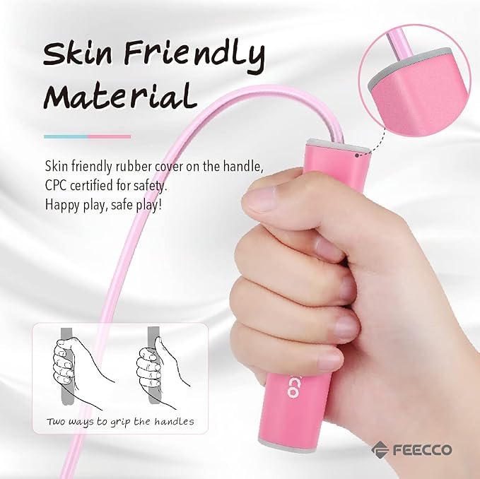 FEECCO Jump Rope for Kids, Pink and Blue Colored Jump Ropes for Girls and Boys 3~12 Years Old, with Adjustable Length Rope and Skin Friendly Silicone Handles