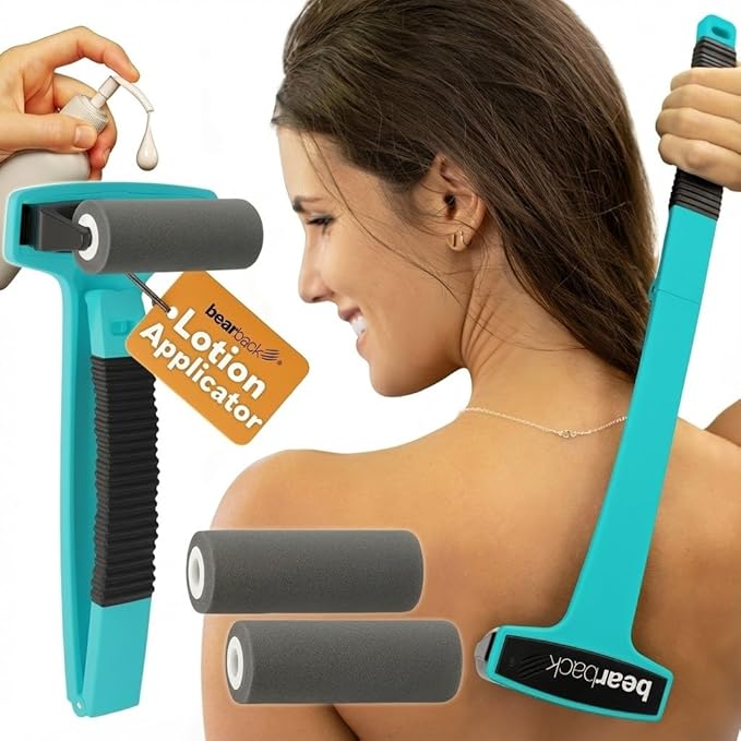 bearback Lotion Applicator for Back & Body Long-Reach Roller for Even Lotion, Sunscreen, Self-Tanner & Medication Application Foldable, Reusable, No-Help Design American Small Business (Teal)
