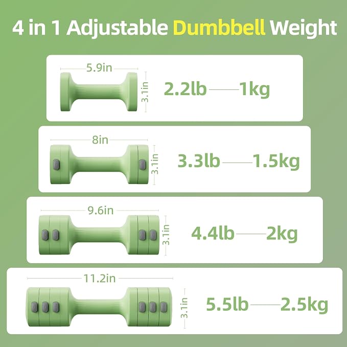 Lightweight Adjustable Dumbbell Kettlebell Set - 4 in 1 Free Weight Set with Kettlebell Grip Converter, Each 2.2 3.3 4.4 5.5lb Quick Change Weight Women Dumbbell Set for Small Spaces Home Gym