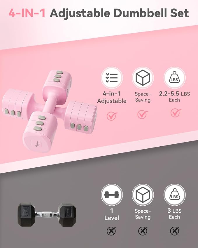 2-in-1 Adjustable Dumbbell & Kettlebell Set for Women (1.1-12.1 lbs), Quick-Change Free Weights for Home Gym, Pilates & Full Body Workout