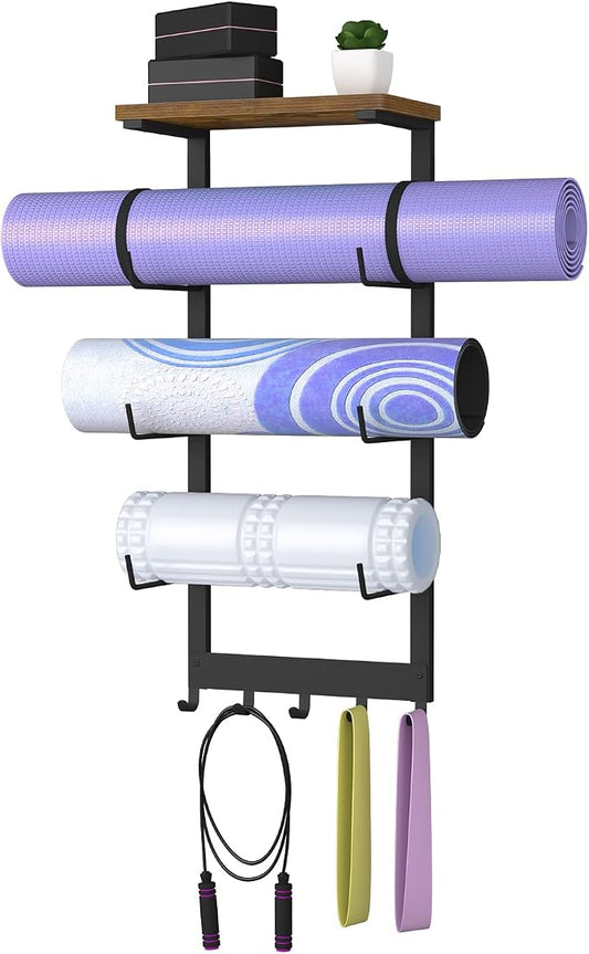 Yoga Mat Holder Wall Mount, 4-Tiers Yoga Mats Storage Shelf Rack | Home Gym Wall Organizer Holder with Wood Floating Shelf and 5 Hooks, Storage Rack for Foam Roller/Band/Workout Equipment