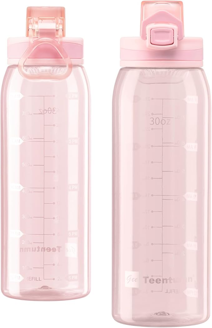 Water Bottle BPA Free Tritan with Time Markers, 30oz Large Durable Gym Plastic Bottle for Fitness, Outdoor Enthusiasts, Leakproof Clear Pink (Pack of 1)