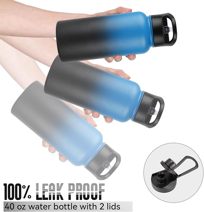 32 Oz Insulated Water Bottle Bulk 4 Pack, Stainless Steel Sports Water Bottles with Straw Lid & Wide Mouth Lids, Double Walled Vacuum, Leak Proof, Blue Black Gradient
