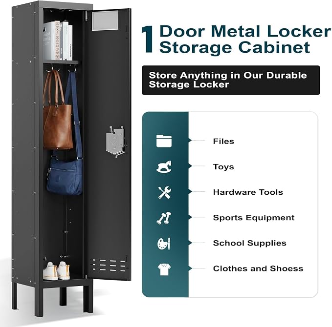 BUTISOW Metal Storage Locker with Lock & Card Slot Locker - Secure Lockable Door - Steel Locker for School, Office, Gym, Home - 66.15" H x 11.8" W x 11.8" D（1 Door, Black）