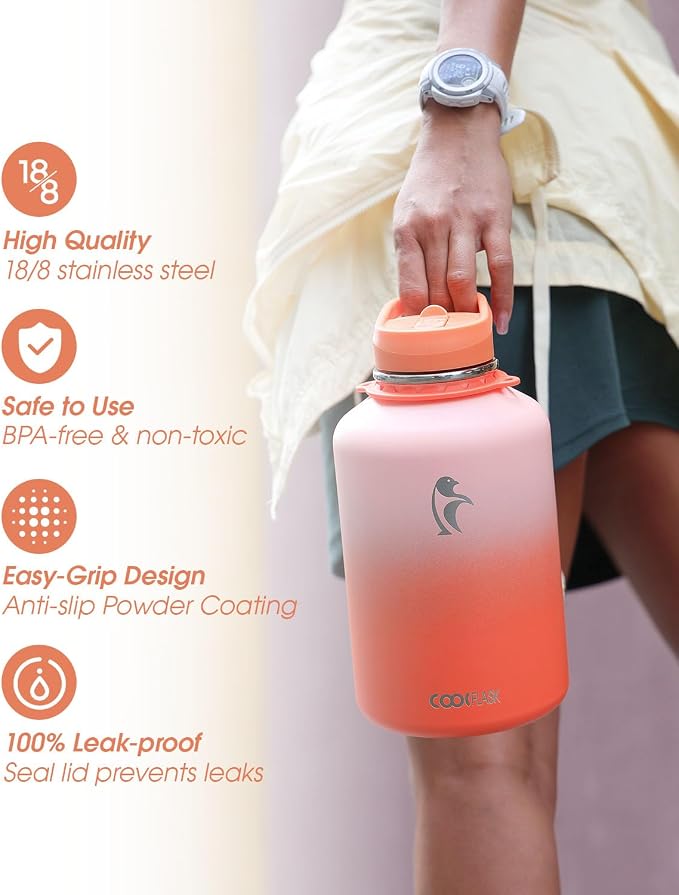 Coolflask Half Gallon Water Bottle Insulated Stainless Steel with Strap | 64 oz Large Water Jug with Straw & Spout Lids,Triple-Wall, Cold 48+h,Dishwasher Safe, Leakproof, BPA-Free,for Gym & Hiking