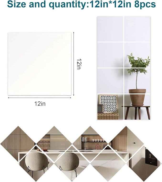8 Pack 12x12 Inch Shatterproof Acrylic Mirror Tiles, Self-Adhesive Full Body Wall Mirrors for Bedroom, Home Gym, Bathroom & Living Room, Unbreakable Flexible Mirror Sheets