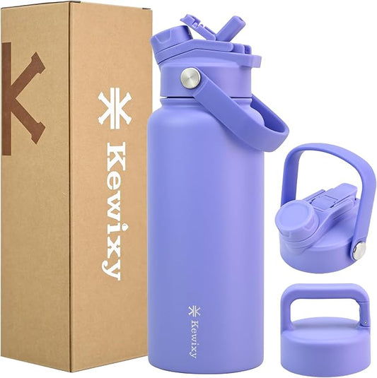KEWIXY 32 oz Insulated Water Bottle, 2-in-1 Lid, Straw & Spout with Protected, Leak Proof, Keep Cold, Stainless Steel, Metal, Reusable, Handle, for Outdoor, Gym and School, 2 Lids, Aurora Blue