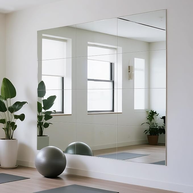 VASUHOME Large Mirror Tiles 16"x12" (12 Pack), Full Length Wall Mirrors for Home Gym, Garage, Bedroom, Living Room, Door – HD Reflection, Easy DIY Installation