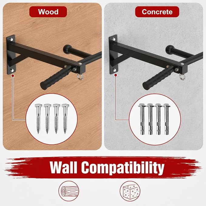 Upgrade Wall Mount Pull Up Bar, Heavy Duty Steel PullUp Bar Fits 24'' Wood Studs, Multi Grip Pull Up Bar with Ball Finger & Round Rings, for Home Gym Garage Basement Strength Training Chin Up Bar