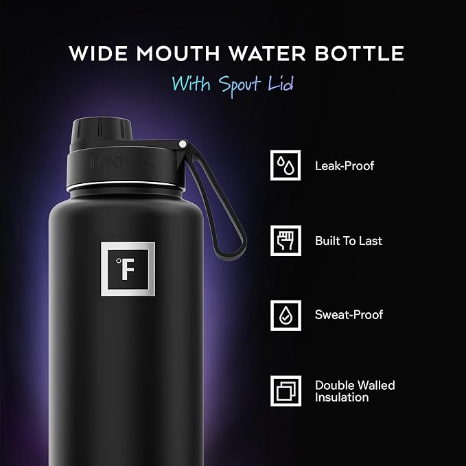 IRON °FLASK 32 oz Wide Mouth Water Bottle with Spout | Insulated Stainless Steel Sports Water Bottle with Leakproof Spout Lid - BPA Free, Cold 24 Hrs, Sweat Free (Dark Night)
