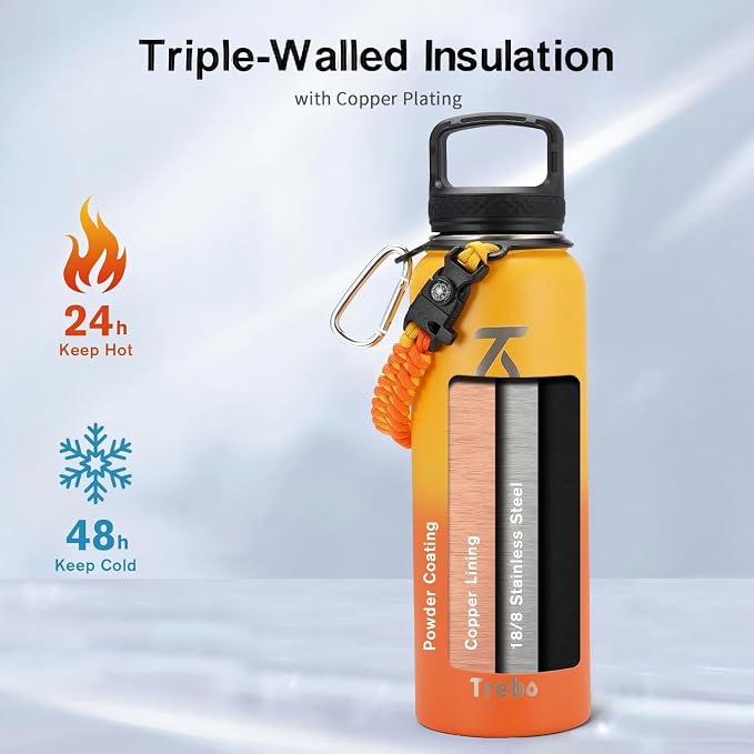 Trebo Water Bottle Insulated 40 oz with 3 Lids, Paracord Handle & Sleeve | Stainless Steel Flask Vacuum, Triple Wall Copper Plated, Dishwasher Safe, Keeps Cold 48Hrs for Hiking, Gym, Wide Mouth