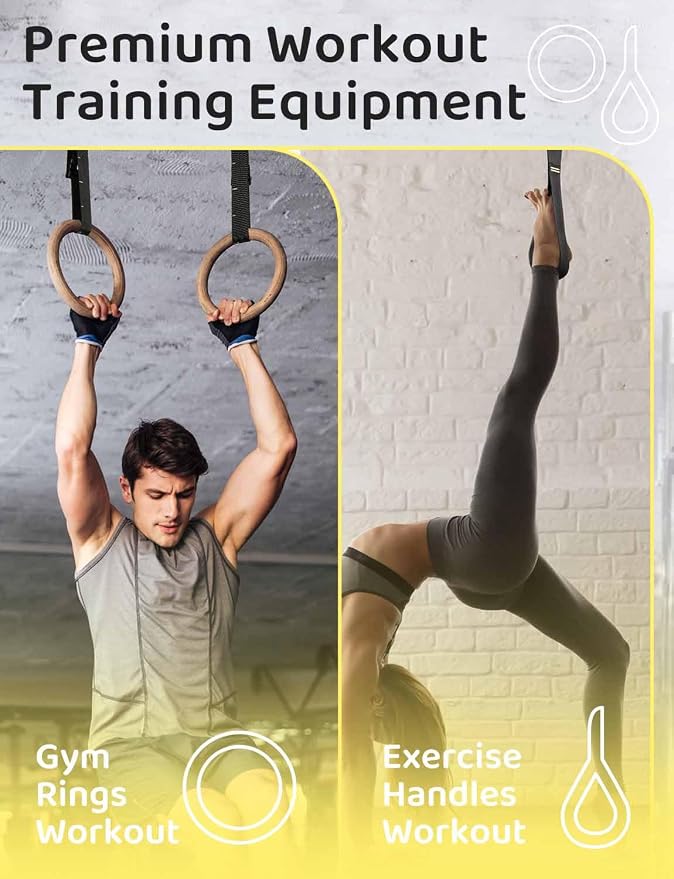 GHB Gymnastic Rings Wooden Gym Rings 1.25" Olympic Rings Adjustable Straps Pull Up Rings Sets for Workout Bodyweight Fitness Training