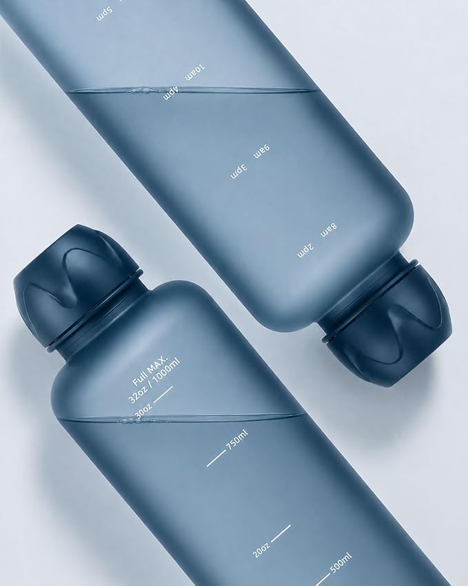 Slim Water Bottle 32 OZ with Stainless Steel Lid, Dishwasher Safe 1 Liter Plastic Water Bottle BPA-Free, Leakproof Lightweight with Time Marker, Reusable for Running School Sport Gym Travel Hiking