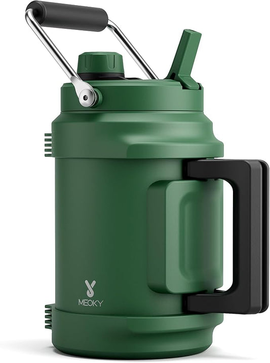 64 oz Insulated Water Bottle for Camping: Meoky Triple Wall Vacuum Stainless Steel Half Gallon Water Jug - Top and Side Handles, 2-in-1 Straw and Spout Lid, Cold for 36 Hrs, Leak Proof, BPA Free (Fir)