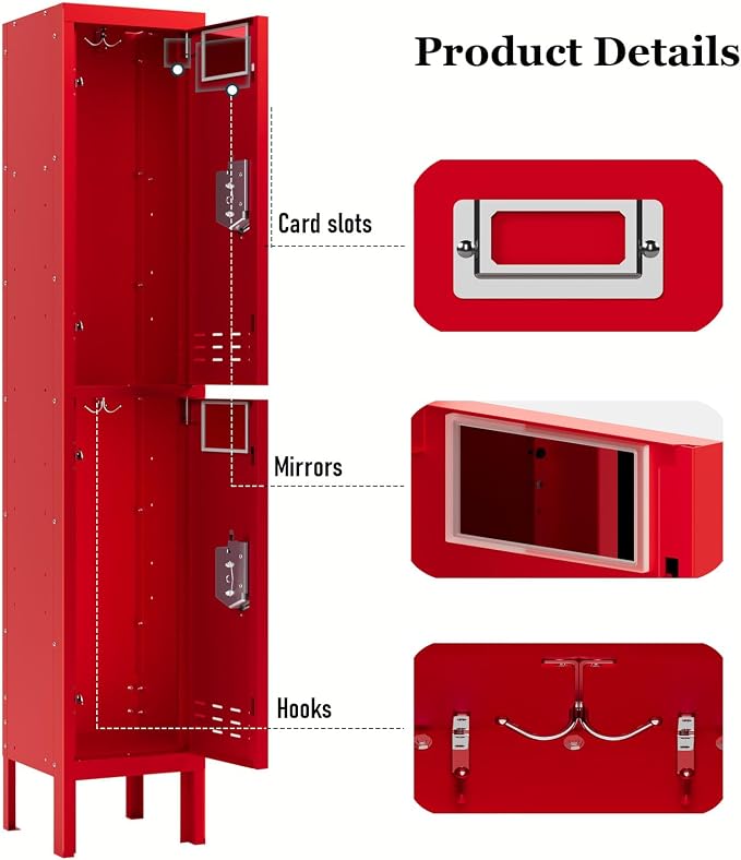 BUTISOW Metal Storage Locker with Lock & Card Slot Locker - Secure Lockable Door - Steel Locker for School, Office, Gym, Home - 66.15" H x 11.8" W x 11.8" D（2 Door, Red）