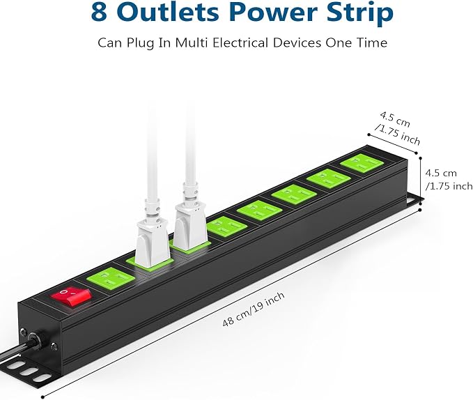 Metal 8 Outlet Mountable Power Strip, Wall Mount Outlet Power Strips Heavy Duty, Commercial Shop Power Strip with Switch, 15A 125V 1875W, 300J (Green 6FT)