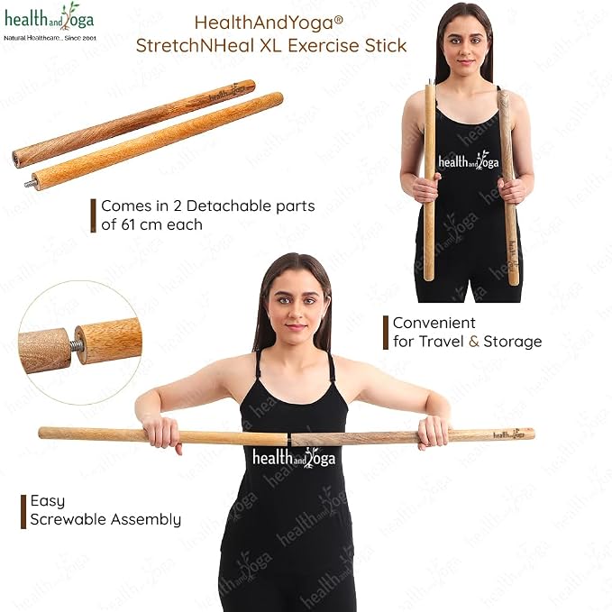 HealthAndYoga™ StretchNHeal Collapsible Multi-Use Wooden Yoga Stick - Regular and XL - Portable Posture Corrector Pole, Stretch Mobility Stick, Physical Workout Exercise Dowel