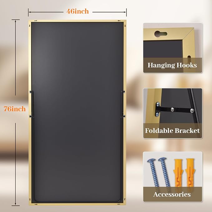 Easly Full Length Mirror with Stand 46"x76" Full Body Mirror Floor Mirror Standing Hanging or Leaning Wall, Wall Mirror with Stand Aluminum Alloy Frame for Living Room Bedroom Cloakroom,Gold