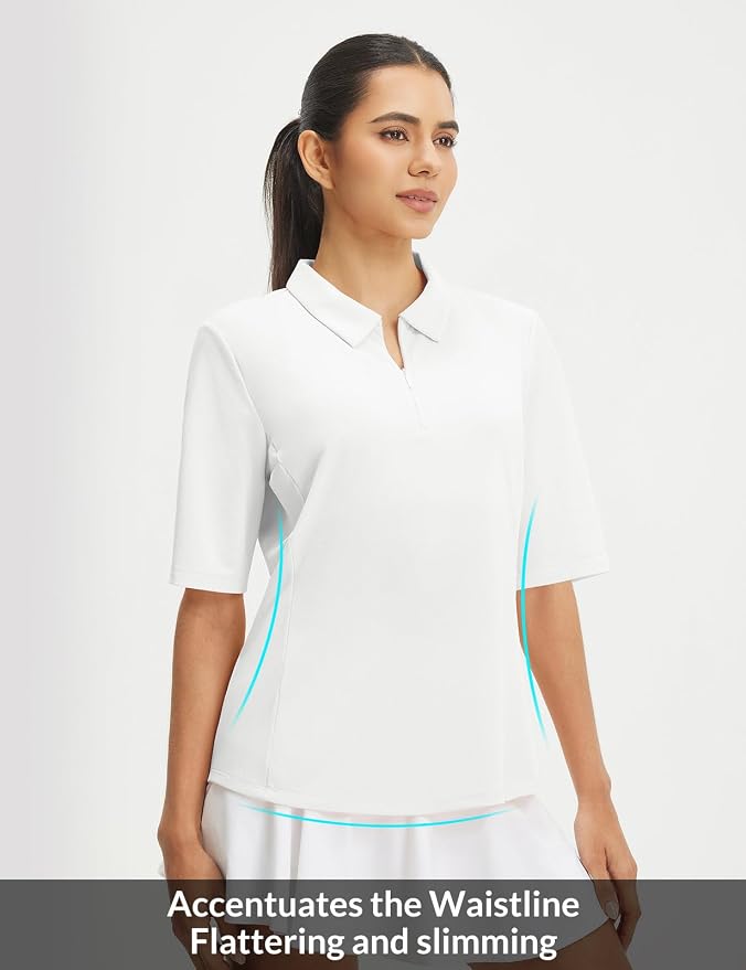 baleaf Womens Golf Shirts Half Sleeve Elbow Length Polo Tops | Stretch, Sun Protection UPF 50+, Quick Dry, Breathable, Moisture Wicking, Quarter Zip V Neck, Ideal for Golf Work Casual