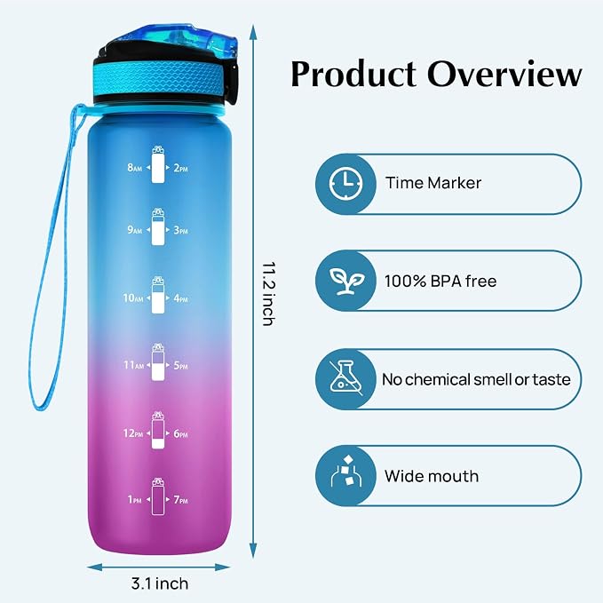 EYQ 32oz Water Bottle with Straw, Time Marker, Blue Purple | Blue Purple Tritan, BPA Free, Time Marker, Leakproof Lock Lid, Wide Mouth, for Gym, School, Office and Travel