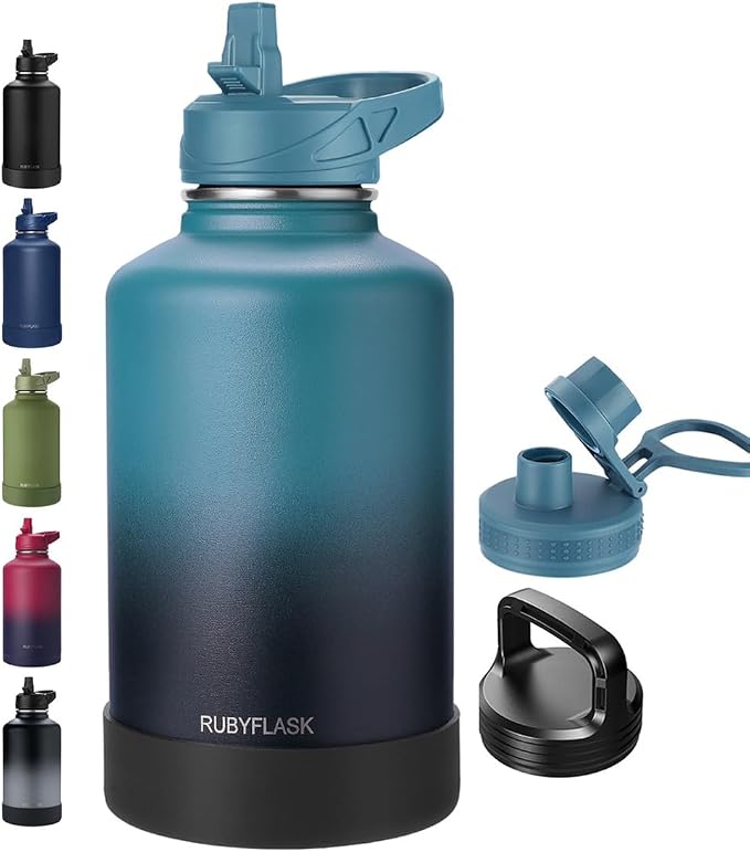 RUBYFLASK 64 oz Insulated Stainless Steel Water Bottle with Straw | Half Gallon Large Vacuum Metal Water Jug with 3 Lids, Wide Mouth Thermal Flask With Handle and Silicone Boot, Indigoblack