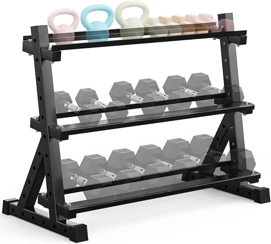 3-Tier Dumbbell & Kettlebell Rack Stand Only, 1000LB Capacity | Heavy Duty Weight Stand for Dumbbells, Space-Saving Metal Storage Organizer, Sturdy Dumbbell Holder for Home Gym