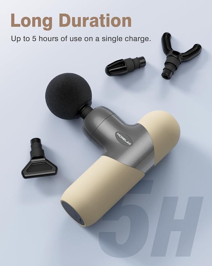 Morelax Mini Massage Gun Deep Tissue, Portable Percussion Muscle Massager for Whole Body Pain Relief, Electric Handheld Sport Massager with 6 Massage Heads 4 Speed, Best Gift (Silver Beige)