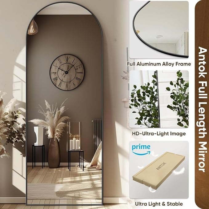 Antok Full Length Mirror, 59"x18" Floor Mirror with Stand, Hanging Mounted Mirrors for Bedroom, Living Room, Cloakroom, Dining Room, Black, Arched