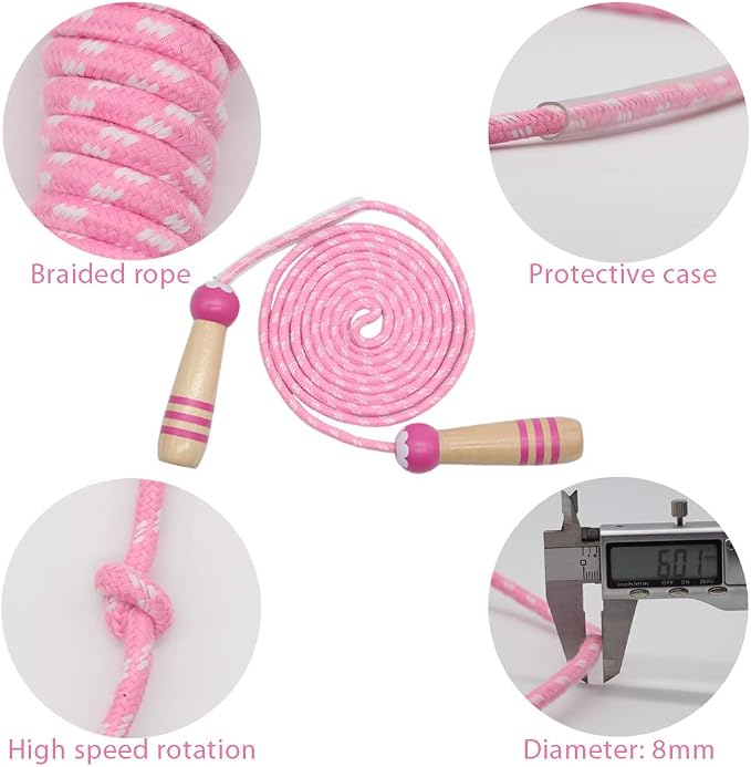Jump Rope Kids, 7ft Adjustable Cotton Skipping Rope with Wooden Handle for Boys and Girls Fitness Outdoor Exercise
