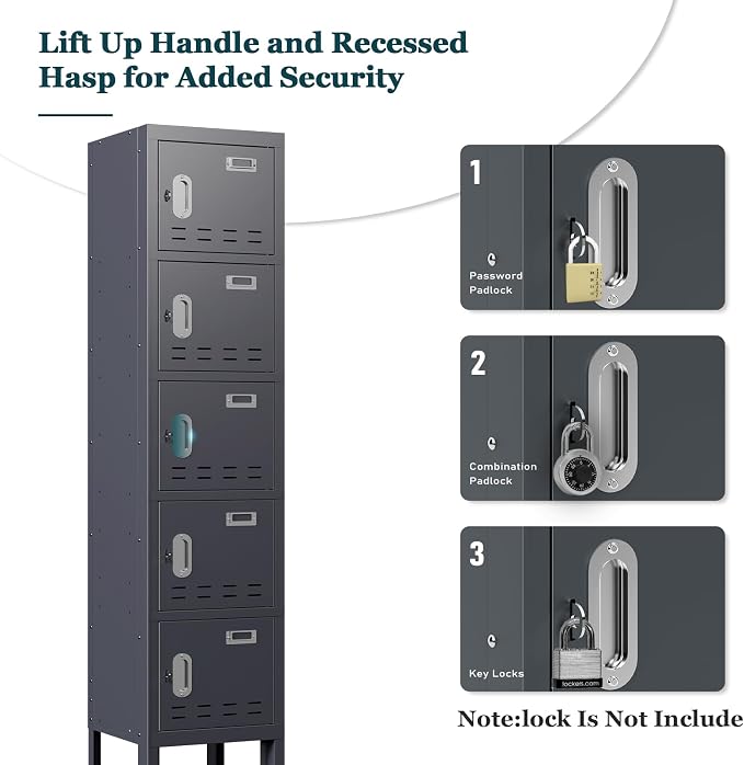 BUTISOW Metal Storage Locker with Lock & Card Slot Locker - Secure Lockable Door - Steel Locker for School, Office, Gym, Home - 66.15" H x 11.8" W x 11.8" (5 Door, Grey)