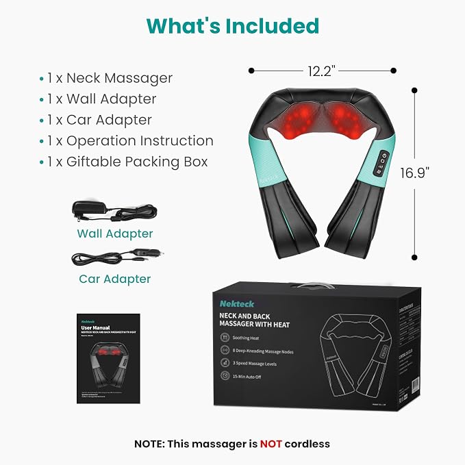 Nekteck Shiatsu Neck Massager with Heat for Pain Relief, NOT Cordless | 2026 Upgraded 3D Back Shoulder Kneading Massage Pillow, 3 Intensity Speeds Deep Tissue, Relaxation Gifts for Men Women, Blue