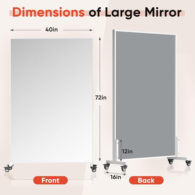 Suidia 72"x40" Extra Large Full Length Mirror on Wheels, 360° Swivel Rolling Mirror Floor, HD Tempered Glass Full Body Standing Mirrors for Home Gym, Yoga, Dance Studio, Bedroom, Rectangular, White