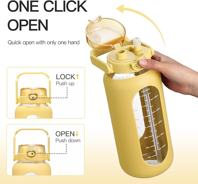 chunmo 64oz Glass Water Bolttles with Straw Half Gallon Large Motivational Water Bottle with Time Marker Sports Water Bottles with Silicone Sleeve and Handle Lid Water Jug for Gym Workout