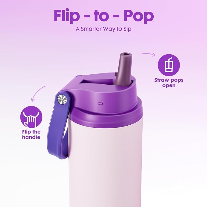 Meoky 24 oz Insulated Water Bottle: Flip-to-Pop Straw, Leak Proof, 24H Cold, Fits in Car Cup Holder, Wide Mouth, BPA-Free, Stainless Steel Water Bottle for Women Teen Girls, Dreamy Field