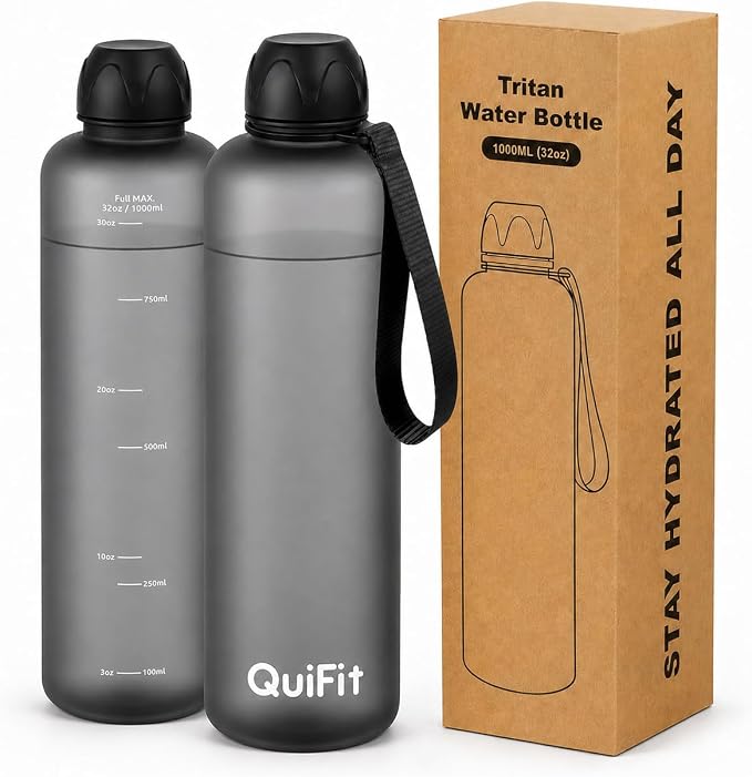 Slim Water Bottle 32 OZ with Stainless Steel Lid, Dishwasher Safe 1 Liter Plastic Water Bottle BPA-Free, Leakproof Lightweight with Time Marker, Reusable for Running School Sport Gym Travel Hiking