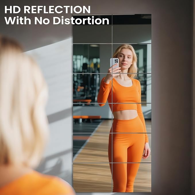VASUHOME Large Mirror Tiles 16"x12" (8 Pack), Full Length Wall Mirrors for Home Gym, Garage, Bedroom, Living Room, Door – HD Reflection, Easy DIY Installation