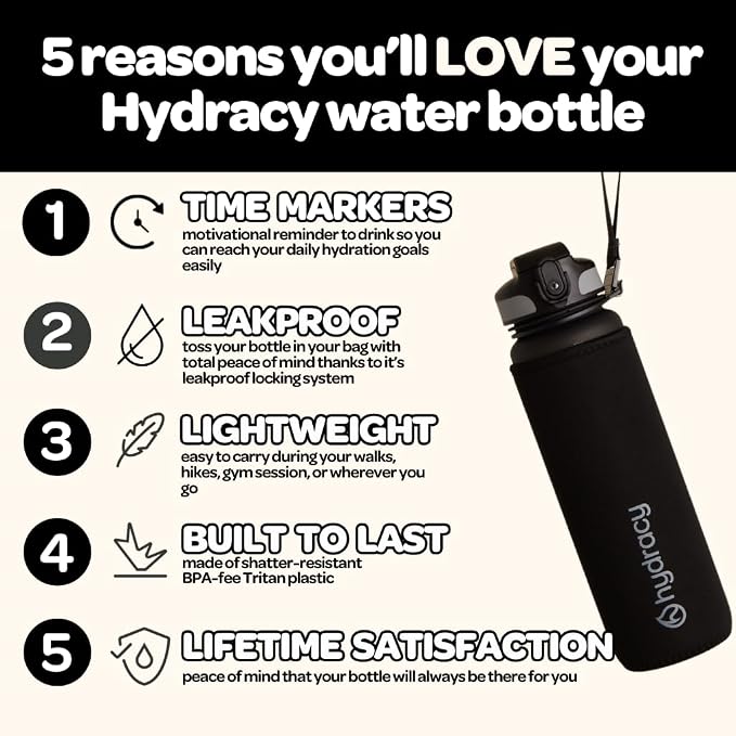 Hydracy Motivational Water Bottle with Time Marker & Fruit Infuser 32 oz | BPA-Free Tritan, Leakproof Flip-Top Lid,No-Sweat Sleeve,Carry Strap,Daily Intake Tracking for Gym,Sports,Outdoors