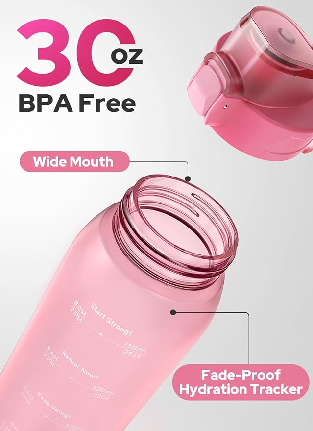 Opard Zip 30oz Plastic Water Bottle Dishwasher Safe, Leakproof Flip-Top Lid, BPA Free Tritan, Wide Mouth Reusable Sports Water Bottle for Gym Hiking Commuting Outdoor Travel and School