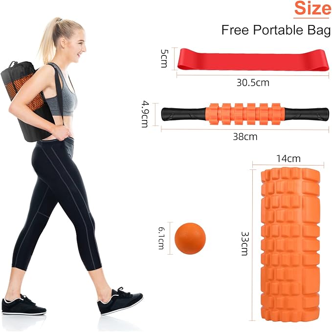 Aucuu 6 in 1 Foam Roller Set Includes Hollow Core Massage Roller, Yoga Stick, Massage Ball, Fitness Stretching Strap, Carrying Bag, Towel, Massage Roller (Orange)